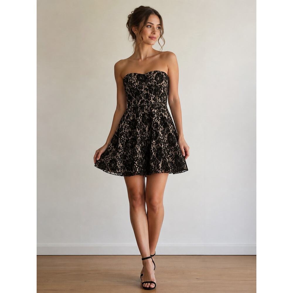 Vintage ABS Collection Black Lace Overlay Silk Blend Strapless Cocktail Dress, 4